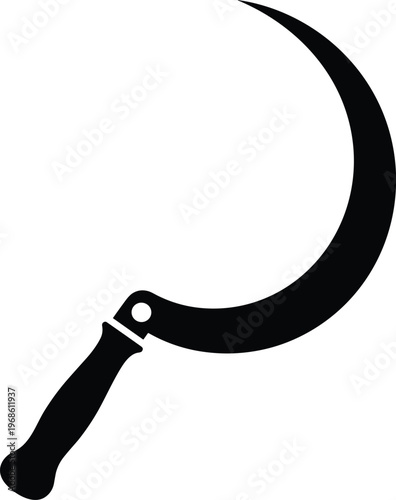 Black silhouette of a sharp agricultural sickle icon isolated on white background, traditional farming hand tool for harvesting grain and grass.