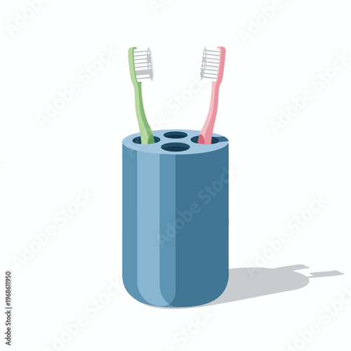 Blue toothbrush holder with two toothbrushes green and pink