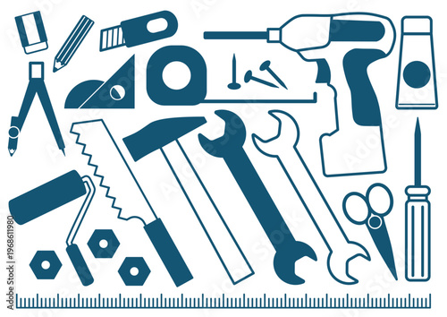 A comprehensive collection of various hand and power tools for construction, repair, and DIY projects, illustrated in a flat graphic style.