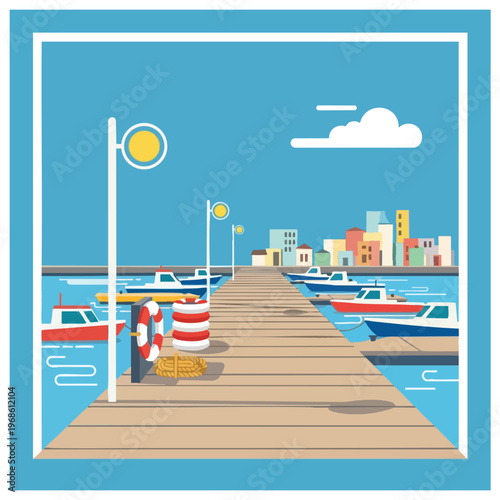 Wooden pier with boats, a lighthouse, and city skyline under blue sky