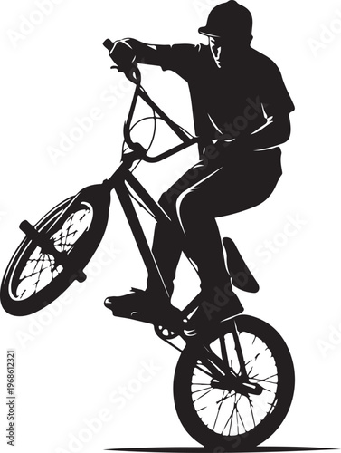 Black silhouette of a bmx bike rider performing tricks, stunt cyclist vector illustration, athletic sportsman on a bicycle, extreme sports icon