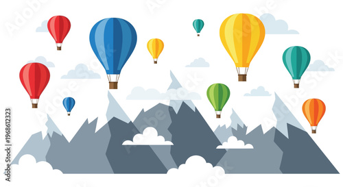 Colorful hot air balloons float above mountainous terrain creating a vibrant and whimsical scene a striking silhouette high quality professional detailed