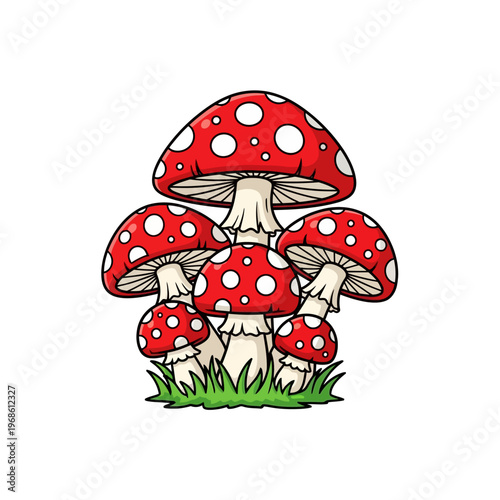 Vibrant illustration of a cluster of red and white spotted mushrooms growing in lush green grass, capturing the whimsical essence of a forest floor