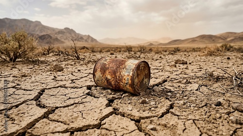 Rusting metal drum abandoned in cracked, arid desert landscape, symbolizing environmental degradation and pollution in a barren, dry, and desolate wilderness