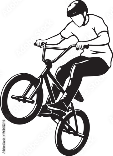Black and white vector illustration of a man riding a BMX bike, performing a trick, monochrome sports design