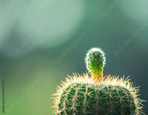 Close Up of Green Cactus with New Growth in Soft Light.