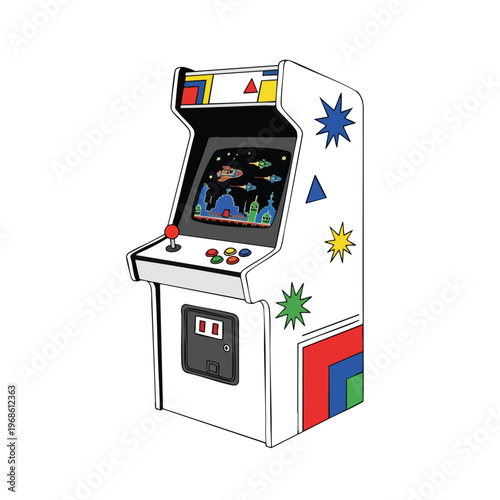 Retro arcade cabinet with a space shooting game displayed on screen