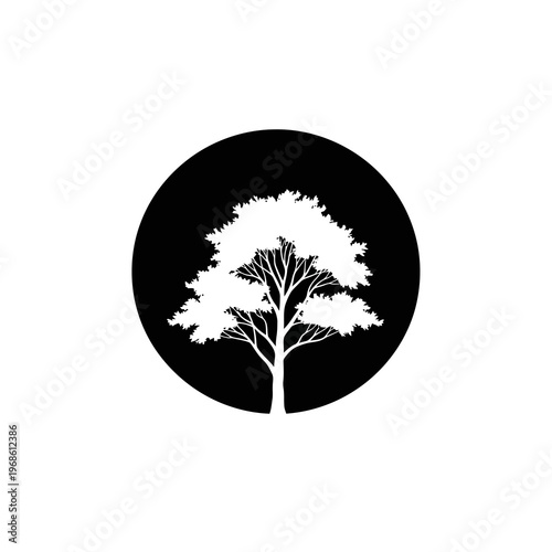 Minimalist black and white tree icon, an elegant graphic representing nature, growth, and environmental sustainability concepts. Simple arboreal emblem