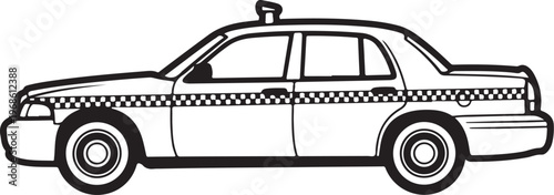 Black and white taxi car, vector illustration, checkered cab, transportation icon