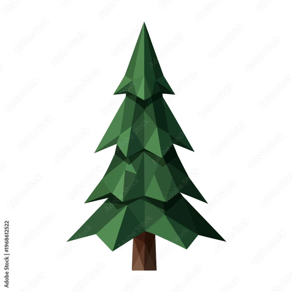 Fototapeta premium A geometric, low-polygon illustration of a solitary green fir tree with a brown trunk on a white background