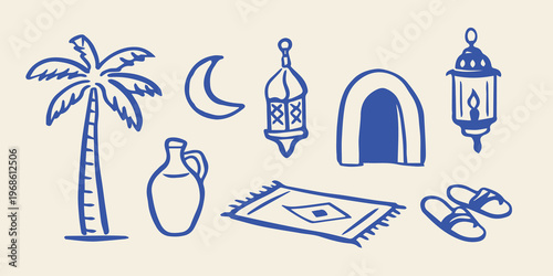 Arabian decor doodle icon set hand drawn vector illustration