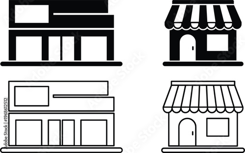 A set of line art vector silhouettes depicting various storefront designs and building concepts in a simple yet detailed illustration style.