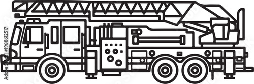 Fire truck, fire engine, emergency vehicle, rescue truck, line art, black and white, vector illustration