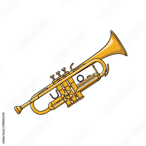 Golden trumpet with three valves, clear bell, and mouthpiece