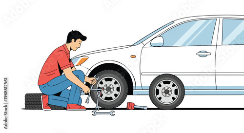 Man repairing car tire with wrench in an automotive workshop