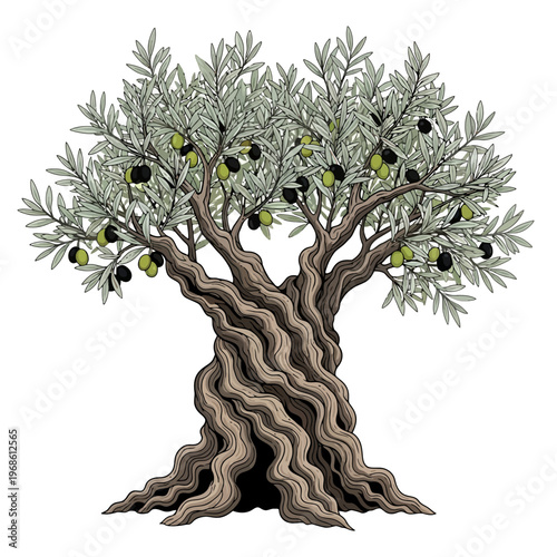 Ancient Olive Tree Illustration with Green and Black Olives on Twisted Trunk