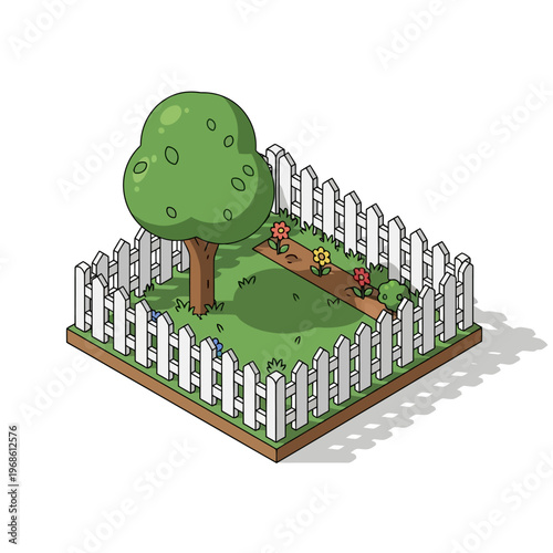 Charming isometric garden scene with a lush green tree, vibrant flowers, and a white picket fence, creating a peaceful oasis