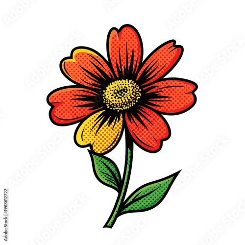 Vibrant orange and yellow daisy flower illustration with green stem and leaves, comic book art style