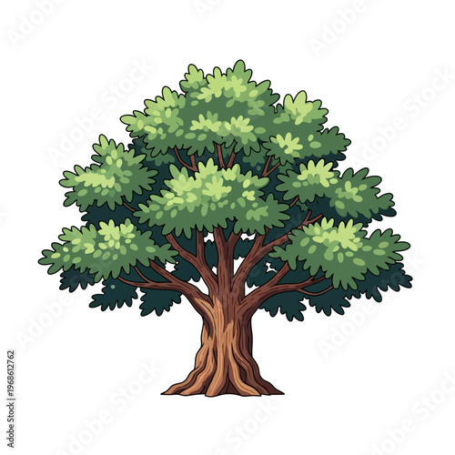 Detailed Illustration of a Large, Lush, Green Tree with a Strong Trunk and Broad Canopy