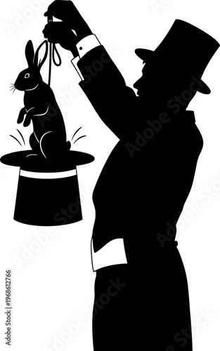 Magician silhouette pulling a rabbit out of a top hat.