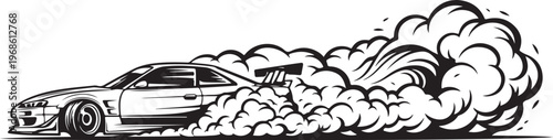 Drifting Car Vector, Black and White Illustration, Smoke Trail, Racing Graphic