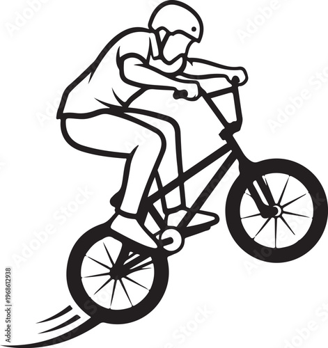 Black and white BMX rider vector, cycling illustration, bike trick, action sports icon