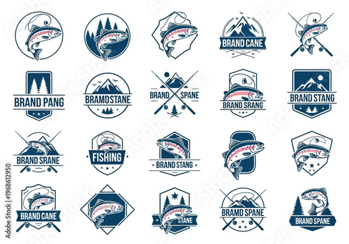 Vintage Trout Fishing Logo and Badge Set - Retro Outdoor Adventure Emblems for Anglers, Fishing Clubs, and Sporting Goods