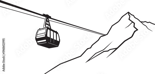 Cable Car, Mountain Landscape, Black and White Vector, Transportation Illustration, Travel Icon