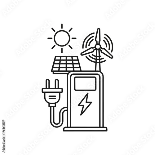 Electric vehicle charging station with renewable energy icons 1.