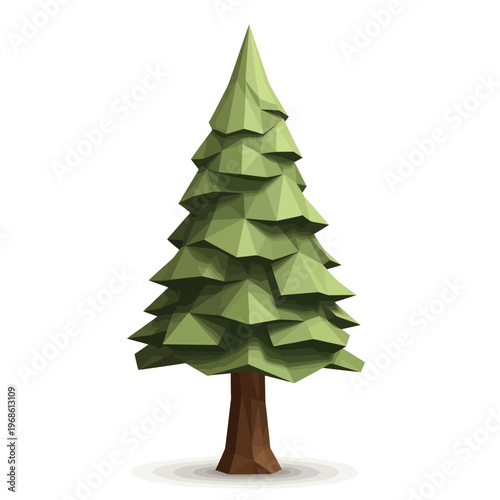 Stylized low-poly evergreen tree illustration, a geometric depiction of a conifer with a brown trunk and green foliage