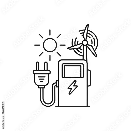 Electric vehicle charging station with renewable energy icons.