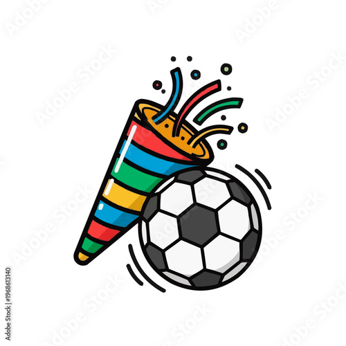 A colorful party horn next to a soccer ball