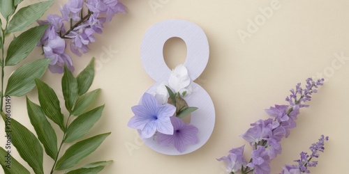 paper number 8 with flowers inside, in a light purple color on a beige background
