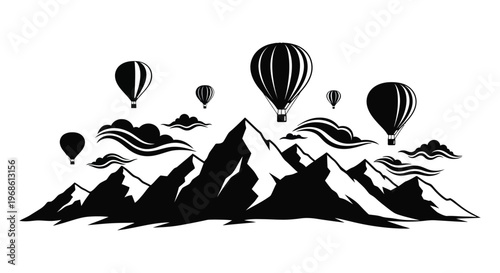 A striking black and white landscape featuring hot air balloons above mountains and clouds rendered as a silhouette high quality professional