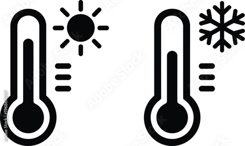 Thermometer icon set, hot and cold temperature icons with sun and snowflake symbols for climate control weather apps UI and interface design.
