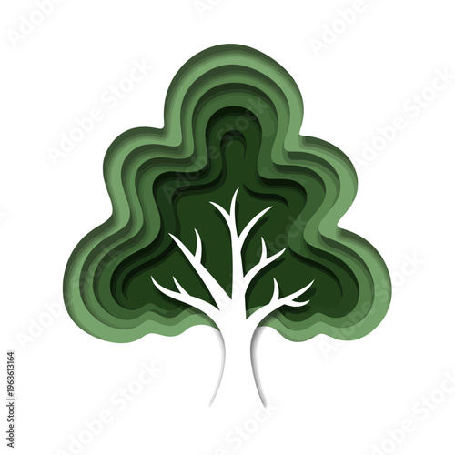 Layered Paper Cutout Style Green Tree with White Branches on a White Background