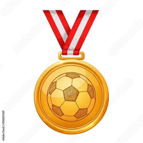 A gold medal with a soccer ball design and red ribbon