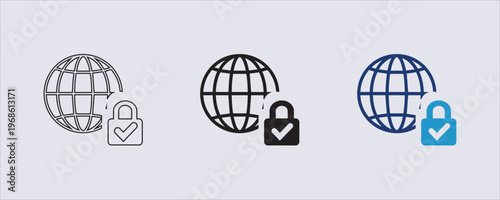 a network security logo icon featuring a globe with a locked padlock and checkmark, symbolizing global internet protection and privacy. cyber security, network protection, secure web browsing, or data