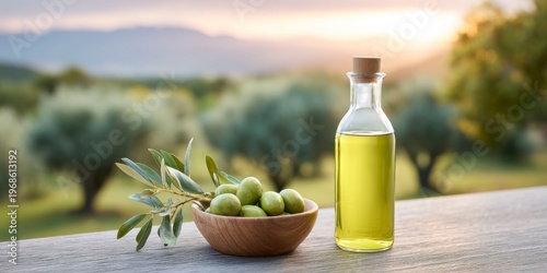a bottle of olive oil and green olives in a wooden bowl on the table, against the backdrop of a sunset view to an orchard with rows of trees.