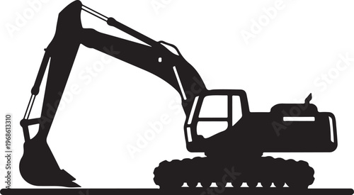 Black excavator silhouette, heavy machinery icon, construction equipment, digger outline