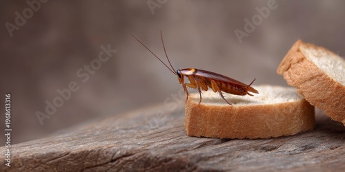 cockroach eating bread on a wooden table