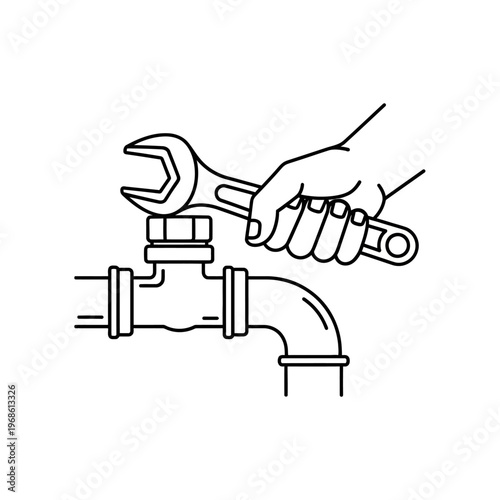 Hand holding adjustable wrench on pipe 1.