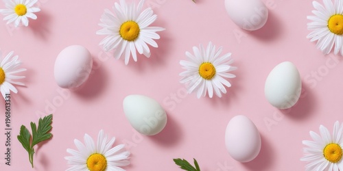 easter eggs and daisies on a pink background, a pattern design.