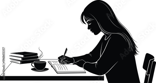 Silhouette of a woman writing in a notebook with a cup of coffee, ideal for study and work-related designs.