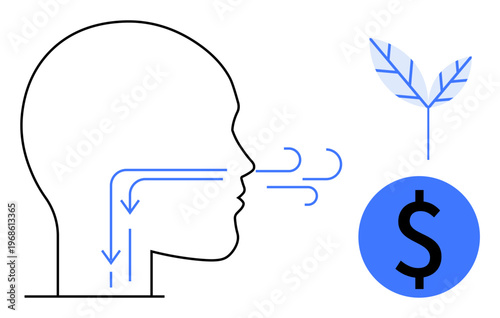 Wellness, sustainability, environmental health, eco-economy, air quality, renewable resources. Diagram of human breath, leaf and dollar sign. Wellness and sustainability ion