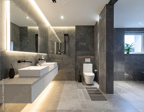 Modern Minimalist Bathroom Interior with Gray Tiles.