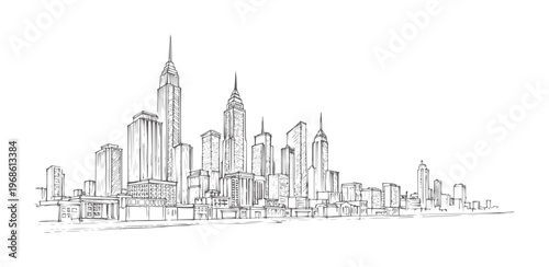 Hand drawn of a dense city skyline with varied skyscrapers architecture buildings