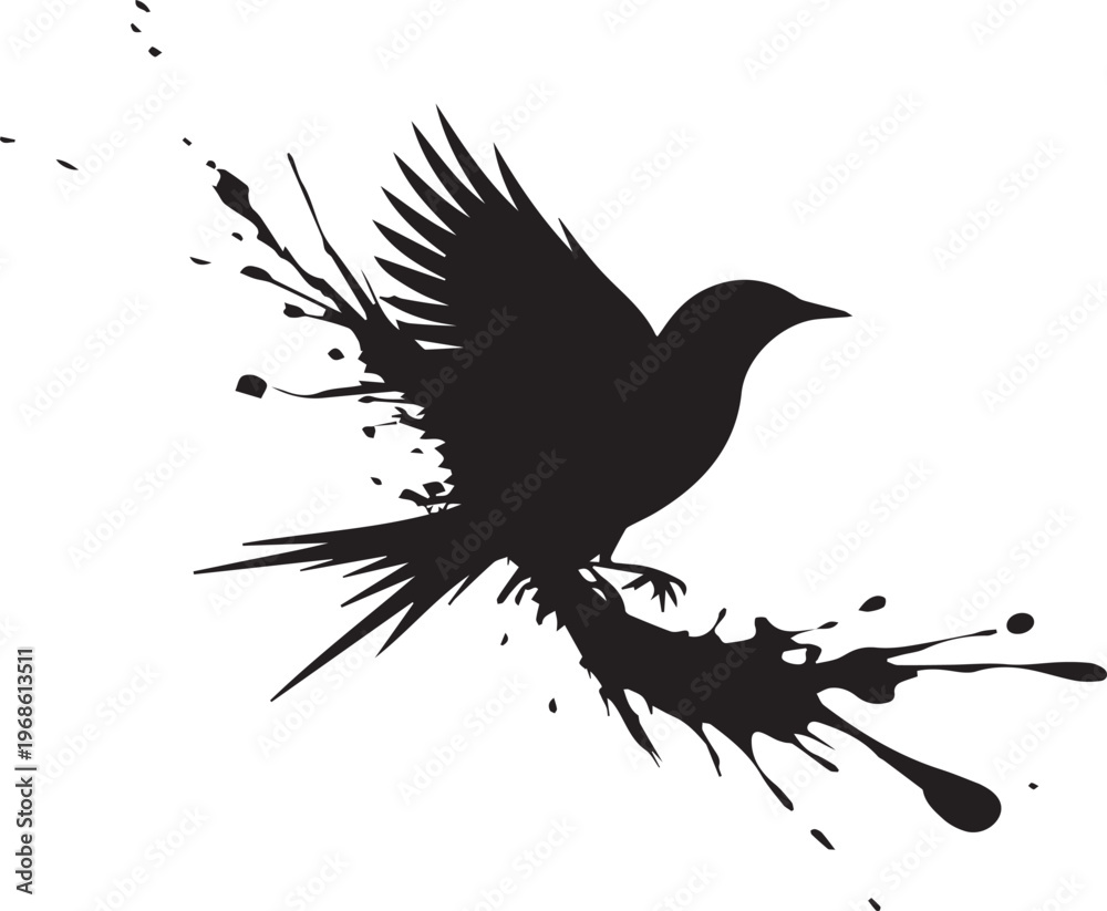 Fototapeta premium A black silhouette of a bird in flight with paint splatters 