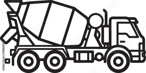 Cement mixer truck, construction vehicle, industrial icon, black line art