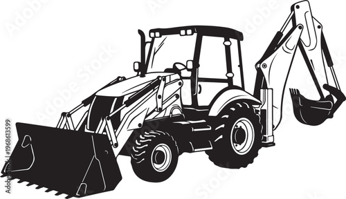 Black and white tractor, excavator, backhoe loader, construction vehicle